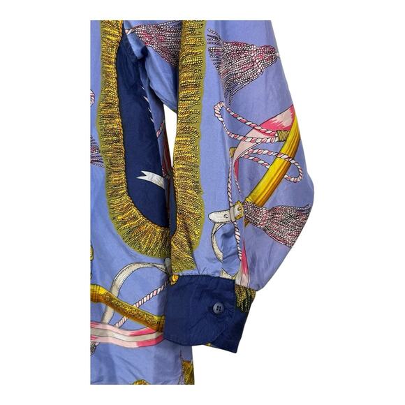 Vintage Stunt Collections Blouse 100% Silk Blue Tassel Ribbon Print Large 80s - Picture 4 of 13